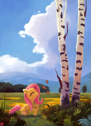 Size: 1063x1464 | Tagged: safe, artist:ajvl, fluttershy, butterfly, pegasus, pony, g4, birch tree, cloud, cute, eyes closed, female, field, folded wings, forest, grass, mare, meadow, nature, rearing, scenery, shyabetes, sky, smiling, solo, tree, wings