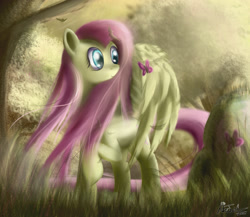 Size: 2250x1949 | Tagged: dead source, safe, alternate version, artist:ajvl, fluttershy, butterfly, pegasus, pony, g4, female, mare, solo, tree