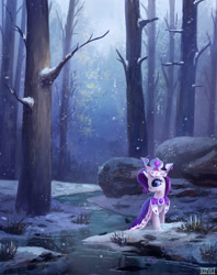 Size: 1500x1891 | Tagged: safe, alternate version, artist:ajvl, princess platinum, rarity, pony, unicorn, 2014, cloak, clothes, crown, female, forest, jewelry, mare, regalia, river, scenery, scenery porn, smiling, snow, snowfall, solo, tree, water