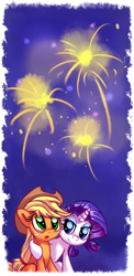 Size: 818x1682 | Tagged: safe, artist:ajvl, applejack, rarity, g4, female, fireworks, happy new year, holiday, lesbian, ship:rarijack, shipping, style emulation