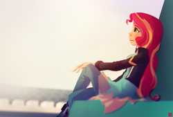 Size: 973x657 | Tagged: safe, alternate version, artist:ajvl, sunset shimmer, human, equestria girls, g4, my little pony equestria girls: rainbow rocks, my past is not today, female, humanized, profile, sitting, solo