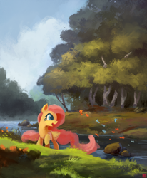 Size: 1500x1822 | Tagged: safe, alternate version, artist:ajvl, fluttershy, butterfly, pegasus, pony, g4, cloud, cute, female, grass, mare, open mouth, river, scenery, shyabetes, sky, solo, stream, tree, water