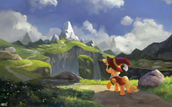 Size: 1686x1050 | Tagged: safe, alternate version, artist:ajvl, applejack, smart cookie, g4, hearth's warming eve (episode), clothes, costume, female, mountain, path, ravine, scenery, solo