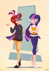 Size: 1400x2023 | Tagged: safe, alternate version, artist:ajvl, moondancer, twilight sparkle, human, amending fences, g4, book, clothes, duo, female, glasses, humanized, looking at each other, looking at someone, open mouth, pants, shirt, shoes, sweater