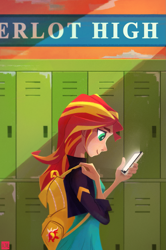 Size: 1155x1735 | Tagged: safe, alternate version, artist:ajvl, sunset shimmer, equestria girls, g4, backpack, cellphone, female, human coloration, lockers, phone, solo