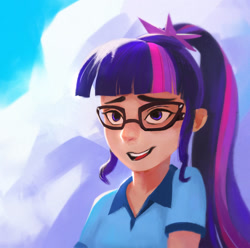 Size: 1500x1490 | Tagged: safe, artist:ajvl, sci-twi, twilight sparkle, equestria girls, g4, my little pony equestria girls: legend of everfree, clothes, female, glasses, human coloration, humanized, open mouth, ponytail, shirt, smiling, solo