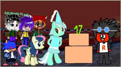 Size: 710x392 | Tagged: safe, artist:darlycatmake, bon bon, lyra heartstrings, sweetie drops, oc, bird, g4, birthday, birthday party, cake, celebration, ed edd n eddy, five nights at freddy's, five nights at freddy's: security breach, food, gacha club, happy, happy birthday, hat, hennin, looking at each other, looking at you, looking back, party, princess, princess lyra heartstrings, smiling, smiling at each other, sonic the hedgehog, sonic the hedgehog (series), sunky