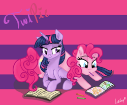 Size: 3000x2500 | Tagged: safe, artist:lostsheep, pinkie pie, twilight sparkle, alicorn, earth pony, pony, g4, blushing, book, coloring book, crayon, female, high res, lesbian, mouth hold, ship:twinkie, shipping, smiling, twilight sparkle (alicorn)