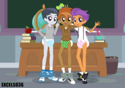 Size: 861x609 | Tagged: safe, artist:excelso36, button mash, rumble, tender taps, human, equestria girls, g4, abdl, apple, bare legs, classroom, clothe, clothes, converse, diaper, diaper fetish, equestria girls-ified, fetish, food, looking at you, male, non-baby in diaper, pants, pants down, poofy diaper, shoes, smiling, smiling at you, suspenders, underwear, waving