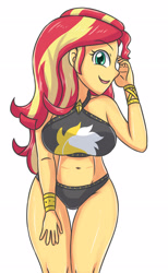 Size: 1821x2952 | Tagged: safe, artist:sumin6301, sunset shimmer, human, equestria girls, g4, belly button, bikini, bracelet, breasts, busty sunset shimmer, clothes, female, jewelry, legs together, simple background, solo, stupid sexy sunset shimmer, sunset shimmer swimsuit, sunset shimmer's beach shorts swimsuit, swimsuit, white background