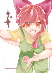 Size: 2894x4093 | Tagged: safe, artist:dbbest, apple bloom, human, g4, clothes, grin, humanized, looking at you, offscreen character, overalls, pov, shirt, smiling, solo, t-shirt