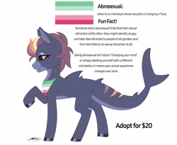 Size: 2048x1676 | Tagged: safe, artist:melodytheartpony, oc, original species, pony, shark, shark pony, abrosexual, abrosexual pride flag, adoptable, cute, facts, female, fins, gills, pride flag, pride month, signature, simple background, slit pupils, solo, stripes, white background