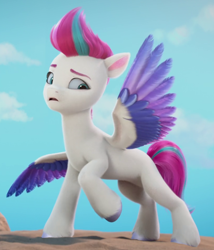 Size: 814x952 | Tagged: safe, screencap, zipp storm, pegasus, pony, g5, my little pony: make your mark, my little pony: make your mark chapter 1, spoiler:my little pony: make your mark, colored wings, concave belly, cropped, female, frown, looking sideways, mare, multicolored wings, outdoors, raised hoof, slender, solo, spread wings, standing, thin, unshorn fetlocks, wings