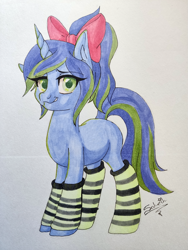 Size: 1125x1500 | Tagged: safe, artist:unisoleil, oc, pony, unicorn, bow, clothes, female, hair bow, mare, socks, solo, striped socks, traditional art