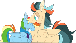 Size: 1186x674 | Tagged: safe, artist:fizzlefetlocks, rainbow dash, oc, oc:turbo swifter, pegasus, pony, g4, art trade, canon x oc, duo, female, height difference, male, mare, shipping, simple background, stallion, straight, transparent background, turbodash
