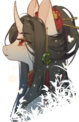 Size: 712x1107 | Tagged: safe, artist:xieyanbbb, oc, oc:rouge embroidery, butterfly, pony, unicorn, anime style, bipedal, brown hair, bust, collar, ear piercing, earring, eyeshadow, facial markings, flower, flower in hair, gem, hair accessory, jade, japanese, jewelry, long hair, makeup, necklace, piercing, red eyes, semi-realistic, simple background, white background