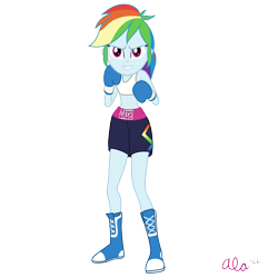 Size: 2000x2000 | Tagged: safe, artist:alamarus, rainbow dash, human, equestria girls, g4, boots, boxing, boxing gloves, boxing shorts, clothes, female, grin, high res, looking at you, shoes, signature, simple background, smiling, smiling at you, solo, sports, sports bra, transparent background, vector
