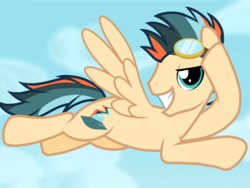 Size: 4096x3072 | Tagged: artist needed, source needed, safe, oc, oc only, oc:turbo swifter, pegasus, pony, base used, cloud, flying, goggles, grin, high res, looking at you, male, pegasus oc, sky, sky background, smiling, smiling at you, solo, spread wings, stallion, teeth, wings