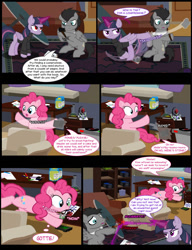 Size: 1042x1358 | Tagged: safe, artist:dendoctor, doctor whooves, mean twilight sparkle, pinkie pie, time turner, alicorn, earth pony, pegasus, pony, comic:clone.., g4, alternate universe, bits, blast, book, clone, colored pencils, comic, couch, discord whooves, discorded whooves, doctor who, female, glowing, glowing horn, horn, jar, magic, magic beam, magic blast, male, paper, pencil, pinkie clone, quill, red eyes, sonic screwdriver, swear jar, test tube, the doctor, twilight sparkle (alicorn)