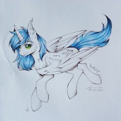 Size: 3000x3000 | Tagged: safe, artist:lunciakkk, artist:themstap, oc, oc only, alicorn, pony, chest fluff, collaboration, high res, horn, signature, smiling, solo, traditional art, wings