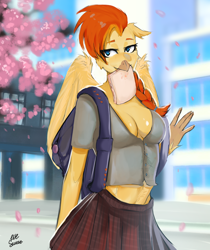Size: 3284x3916 | Tagged: safe, artist:melkaya, oc, oc only, oc:goldenflow, classical hippogriff, hippogriff, anthro, absolute cleavage, backpack, braid, breasts, cherry blossoms, cleavage, clothes, detailed background, female, flower, flower blossom, high res, school uniform, schoolgirl, schoolgirl toast, skirt, solo, wings