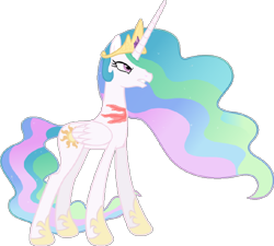 Size: 708x636 | Tagged: safe, artist:mihaaaa, edit, editor:wonderwolf51, princess celestia, alicorn, pony, g4, angry, crown, fanfic art, female, folded wings, full body, gritted teeth, hoof shoes, hooves, horn, injured, jewelry, low quality, mare, regalia, scar, simple background, solo, spoiler, standing, teeth, transparent background, wings