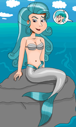 Size: 986x1643 | Tagged: safe, artist:ocean lover, sandbar, swift foot, human, mermaid, g4, bare shoulders, barely eqg related, belly button, bra, clothes, cloud, female, female focus, fins, fish tail, green hair, heart eyes, human coloration, humanized, in love, lidded eyes, lips, mermaid tail, mermaidized, mermay, midriff, ocean, open mouth, outdoors, pose, purple eyes, rock, seashell bra, sexy, shiny skin, sky, solo focus, species swap, tail, tail fin, teenager, water, wingding eyes