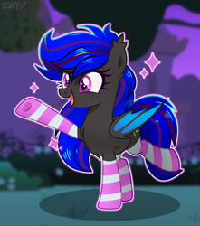 Size: 2392x2712 | Tagged: safe, artist:scarffist, oc, oc only, oc:ebony rose, bat pony, pony, bat pony oc, bat wings, blurry background, bush, chest fluff, clothes, commission, commissioner:wolfgangrd, ear fluff, ear tufts, eyelashes, fangs, female, folded wings, freckles, full body, grass, high res, mare, night, open mouth, open smile, outline, raised hoof, raised leg, shadow, signature, slit pupils, smiling, socks, solo, sparkles, standing, standing on two hooves, striped socks, tree, wings