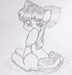 Size: 616x640 | Tagged: safe, artist:up_p_ab, apple bloom, earth pony, pony, g4, female, filly, foal, hoof on chin, sitting, sketch, solo, traditional art