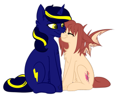 Size: 1709x1341 | Tagged: source needed, safe, artist:teelastrie, oc, oc only, oc:airi, oc:vajr, bat pony, pony, unicorn, chest fluff, duo, female, male, nuzzling, oc x oc, shipping, simple background, straight, transparent background, vairi