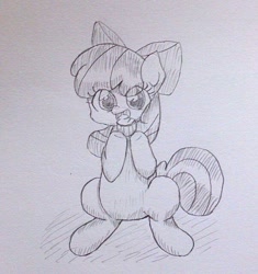 Size: 602x640 | Tagged: safe, artist:up_p_ab, apple bloom, earth pony, pony, g4, cupcake, eating, female, filly, foal, food, sitting, sketch, solo, traditional art