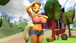 Size: 1920x1080 | Tagged: safe, artist:zapattackinflation, applejack, earth pony, anthro, g4, 3d, apple, apple tree, big breasts, breasts, busty applejack, cleavage, clothes, daisy dukes, female, midriff, open mouth, open smile, shorts, smiling, solo, source filmmaker, sunlight, sweat, sweet apple acres, tank top, tree, wheelbarrow