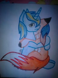 Size: 540x720 | Tagged: safe, artist:teafox, oc, oc only, oc:vajr, earth pony, pony, unicorn, duo, fox tail, oc x oc, shipping, tail, traditional art