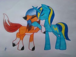 Size: 720x540 | Tagged: source needed, safe, artist:teafox, oc, oc only, oc:vajr, earth pony, pony, unicorn, duo, fox tail, oc x oc, shipping, tail, traditional art