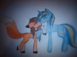 Size: 1080x810 | Tagged: source needed, safe, artist:teafox, oc, oc only, oc:vajr, earth pony, pony, unicorn, duo, fox tail, oc x oc, shipping, tail, traditional art