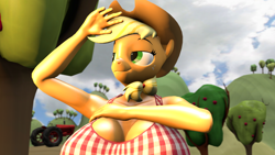 Size: 1920x1080 | Tagged: safe, artist:zapattackinflation, applejack, earth pony, anthro, g4, 3d, apple, apple tree, big breasts, breasts, busty applejack, clothes, eyebrows, female, shorts, smiling, solo, sunlight, sweat, sweet apple acres, tank top, tractor, tree