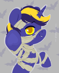 Size: 1200x1502 | Tagged: source needed, safe, artist:oregon, oc, oc only, oc:vajr, pony, unicorn, clothes, cosplay, costume, halloween, halloween costume, holiday, mummy, solo