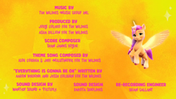 Size: 1600x900 | Tagged: safe, screencap, sunny starscout, alicorn, pony, g5, my little pony: make your mark, my little pony: make your mark chapter 1, spoiler:my little pony: make your mark, end credits, female, mane stripe sunny, mare, needs more jpeg, race swap, solo, sunnycorn