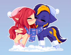 Size: 3343x2576 | Tagged: safe, artist:xsatanielx, oc, oc only, oc:airi, oc:vajr, bat pony, pony, unicorn, clothes, commission, duo, eyes closed, female, hat, high res, kissing, male, oc x oc, scarf, shared clothing, shared scarf, shipping, simple background, snow, straight, vairi, ych result