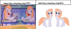 Size: 1642x676 | Tagged: safe, edit, edited screencap, screencap, jing-a-ling, ting-a-ling, earth pony, pony, battle of the bands (episode), g1, g4, my little pony tales, age progression, baby, baby pony, bell, bowl, female, g1 to g4, generation leap, jello, kitchen, mare, older, siblings, sisters, spoon, twins