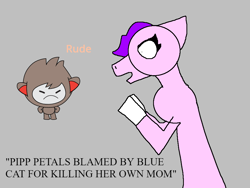 Size: 960x720 | Tagged: source needed, safe, artist:wonderwolf51, pipp petals, pegasus, pony, g5, angry, crossover, dialogue, gray background, pippamena, reading, simple background