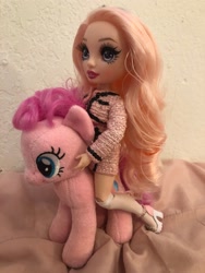 Size: 1536x2048 | Tagged: safe, artist:user15432, pinkie pie, earth pony, human, pony, g4, barely pony related, bedroom, bella parker, crossover, doll, humans riding ponies, irl, photo, plushie, rainbow high, riding, toy