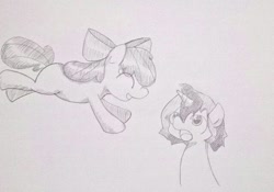 Size: 640x449 | Tagged: safe, artist:up_p_ab, apple bloom, oc, oc:eel, earth pony, pony, unicorn, g4, female, filly, foal, jumping, male, sketch, stallion, traditional art