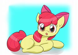 Size: 1280x904 | Tagged: safe, artist:up_p_ab, apple bloom, earth pony, pony, g4, :o, female, filly, foal, lying down, open mouth, solo