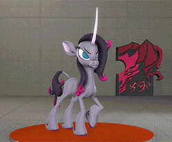 Size: 300x248 | Tagged: safe, artist:pika-robo, oleander (tfh), classical unicorn, pony, unicorn, them's fightin' herds, 3d, animated, awwleander, book, cloven hooves, community related, curved horn, cute, dancing, dark magic, female, frown, gif, horn, idle animation, leonine tail, magic, magic aura, mythology gag, smiling, solo, source filmmaker, stage, sway, tail, taunting, test, unicornomicon, unshorn fetlocks, white eyes