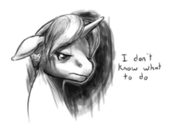 Size: 1200x900 | Tagged: safe, artist:multiverseequine, derpibooru exclusive, oc, oc only, oc:golden trim, pony, unicorn, bust, dialogue, eyebrows, eyebrows visible through hair, eyelashes, floppy ears, horn, lidded eyes, looking down, male, monochrome, sad, simple background, solo, stallion, transparent background, vent art
