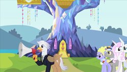 Size: 1280x720 | Tagged: safe, artist:mlp-silver-quill, caesar, count caesar, fancypants, fleur-de-lis, lyrica lilac, oc, oc:silver quill, earth pony, hippogriff, pony, unicorn, after the fact, after the fact:castle sweet castle, g4, clothes, hat, male, megaphone, monocle, ponyville, stallion, suit, top hat, tour guide, twilight's castle