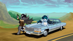 Size: 1920x1080 | Tagged: safe, artist:dori-to, oc, oc only, oc:delta vee, oc:dusk avenheart, bat pony, pegasus, pony, alcohol, bomber jacket, cadillac, cadillac fleetwood brougham, car, clothes, jacket, sunglasses