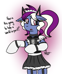 Size: 953x1137 | Tagged: safe, artist:whirlwindflux, oc, oc:single slice, earth pony, pony, bipedal, cat ears, clothes, female, maid, mare, solo