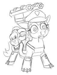 Size: 472x617 | Tagged: safe, artist:jargon scott, oc, oc only, oc:betsy, earth pony, parasprite, pony, bet-c, deep rock galactic, duo, female, grayscale, mare, mind control, monochrome, mucus, simple background, sketch, snot, swirly eyes, tentacles, white background, xynarch charge-sucker